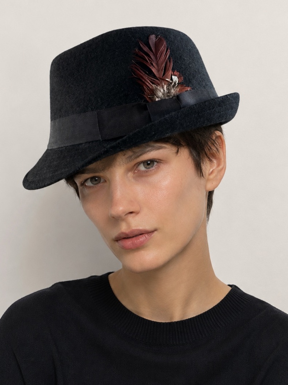 ABG Accessories NYC Black Wool Blend Fedora Hat Feather Accent